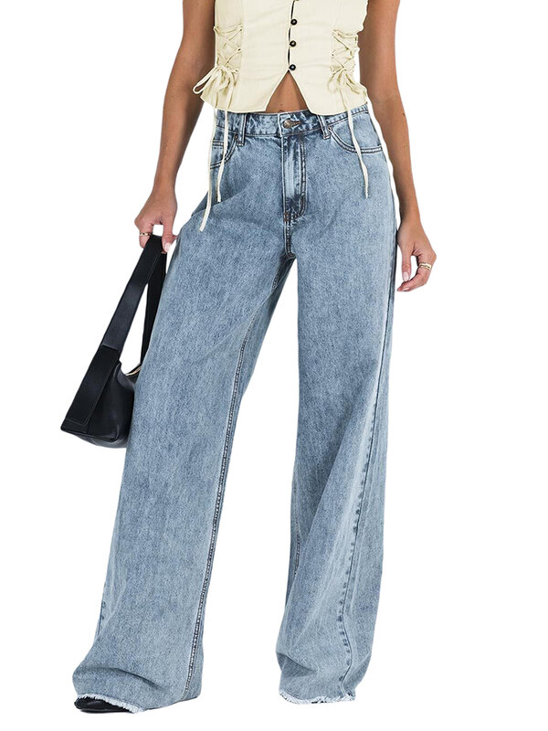 New Women Wide Leg Jeans Pants Solid Color Stretch Casual Loose Pants Work Office Streetwear Denim Trousers White Blue