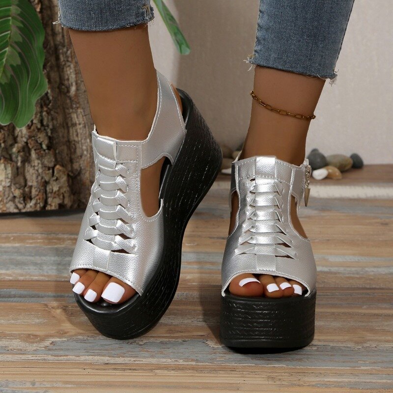 Sandálias plataforma cunhas para mulheres, sapatos de salto alto, zíper lateral, peep toe, monocromático, designer, sexy, verão, 2024