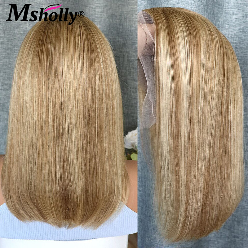 Highlight Ash Blonde Wigs For Women Short Straight Bob Human Hair Wigs 13X4 HD Transparent Lace Front Pre Plucked Brown Wigs