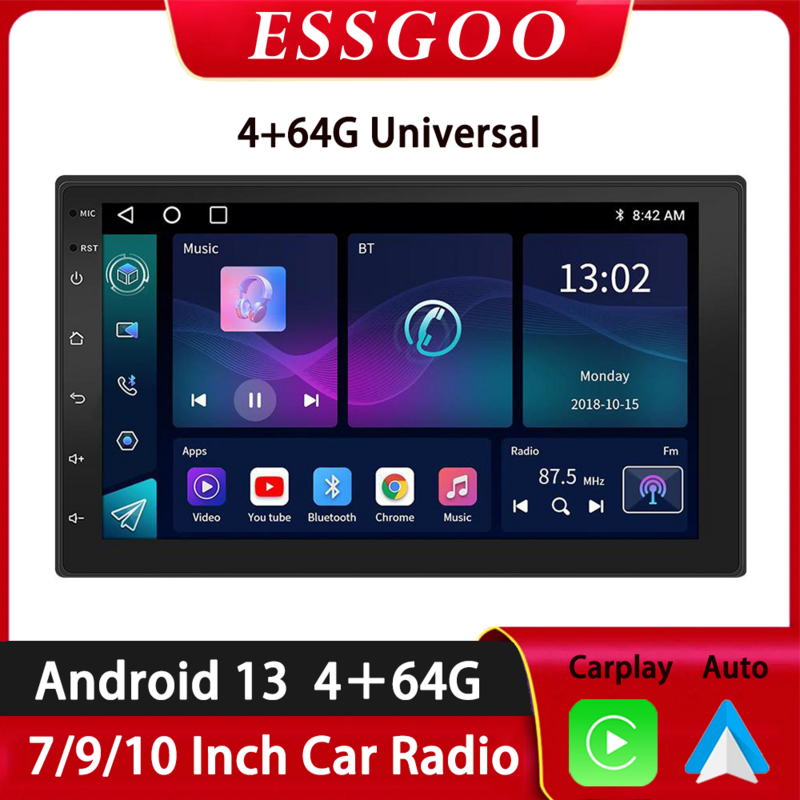 ESSGOO 차량용 라디오 무선 카플레이, 안드로이드, GPS 네비게이터, MP5 플레이어, 유리 화면, 와이파이, FM, BT, 자동차 스테레오, 2 Din, 7 인치, 9 인치