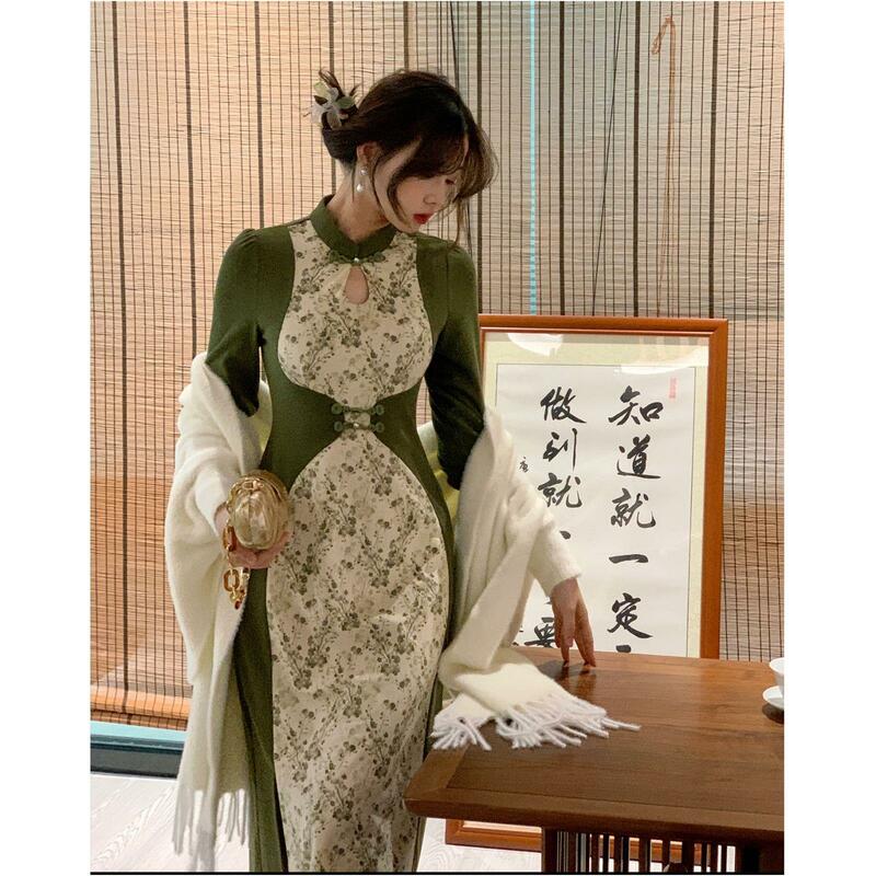 Gaun Cheongsam Qipao gaya Cina baru wanita anggun tinta tradisional lukisan bunga ramping cetak