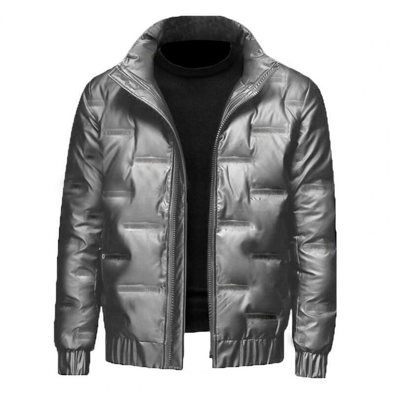 Jaqueta de algodão de manga comprida masculina, gola alta, zíper algemado, casual regular fit, casaco curto masculino quente brilhante, outono, inverno