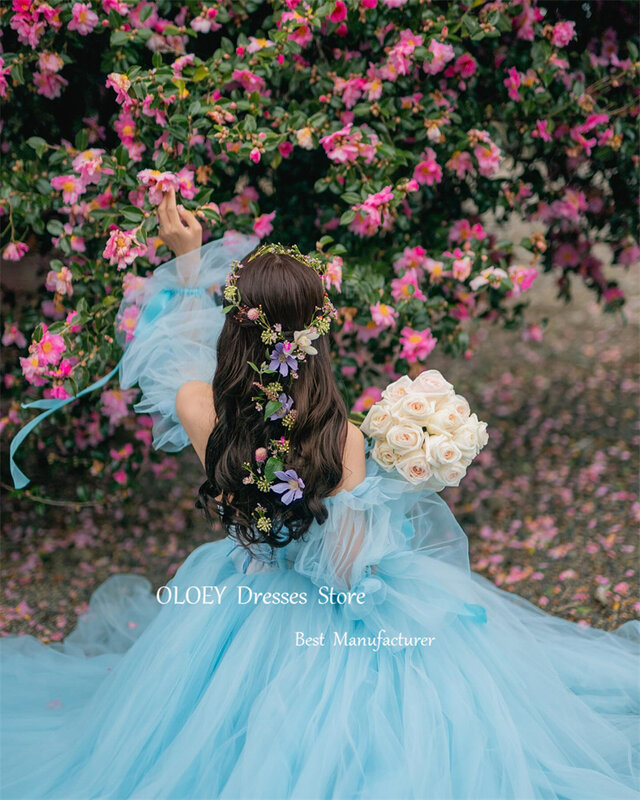 OLOEY wróżka jasnoniebieski tiulowe sukienki wieczorowe zdjęcie ślubne bufiaste długie rękawy gorset ogrodowy suknie ślubne