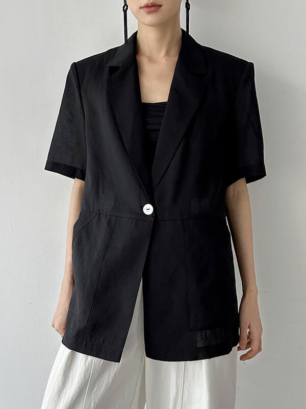 [LANMREM] blazer per la protezione solare a maniche corte donna Single Button Spliced Design Office Lady cappotti moda 2024 estate nuovo 26 d9650