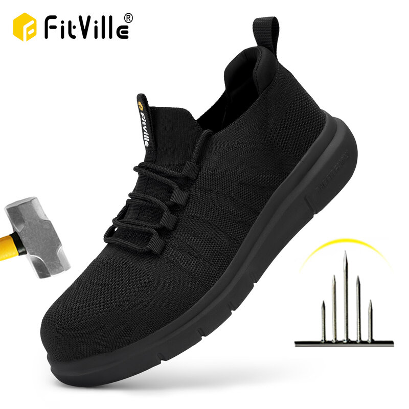 FitVille sepatu kerja pria ekstra lebar, sepatu keselamatan antiselip tahan tusukan ringan cocok untuk dukungan lengkungan kaki bengkak