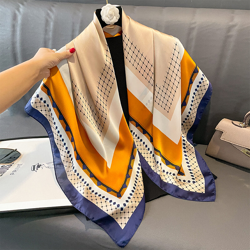 2023 New Print Silk Satin Muslim Scarf Luxury 90cm Shawl Wrap Neckerchief Female Wraps Echarpe  Bandana Hijab Head Scarve Gift