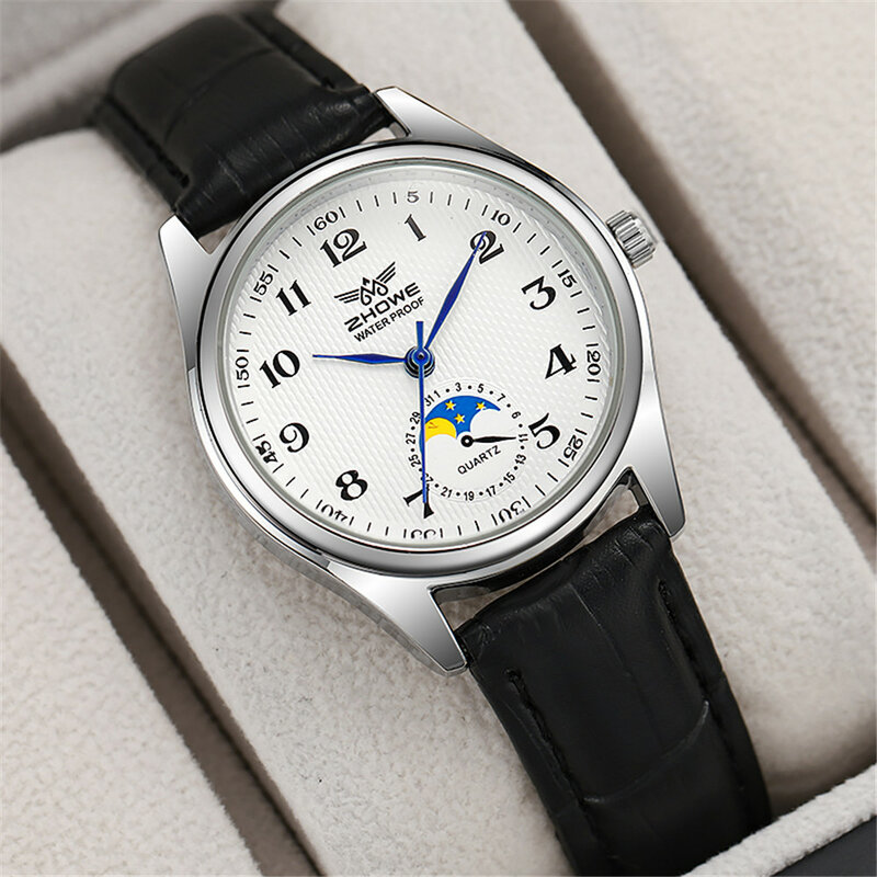 นาฬิกาแฟชั่นคู่รักใหม่2023นาฬิกาควอตซ์ดิจิตอลปฏิทินแบบเรียบง่ายนาฬิกาผู้หญิงหนังสีดำลำลองชุด