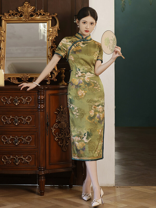 Hualuo-vestido Qipao con mangas 2024, largo medio, lateral mejorado, ocho botones, doble capa, primavera y otoño, novedad de 3/4