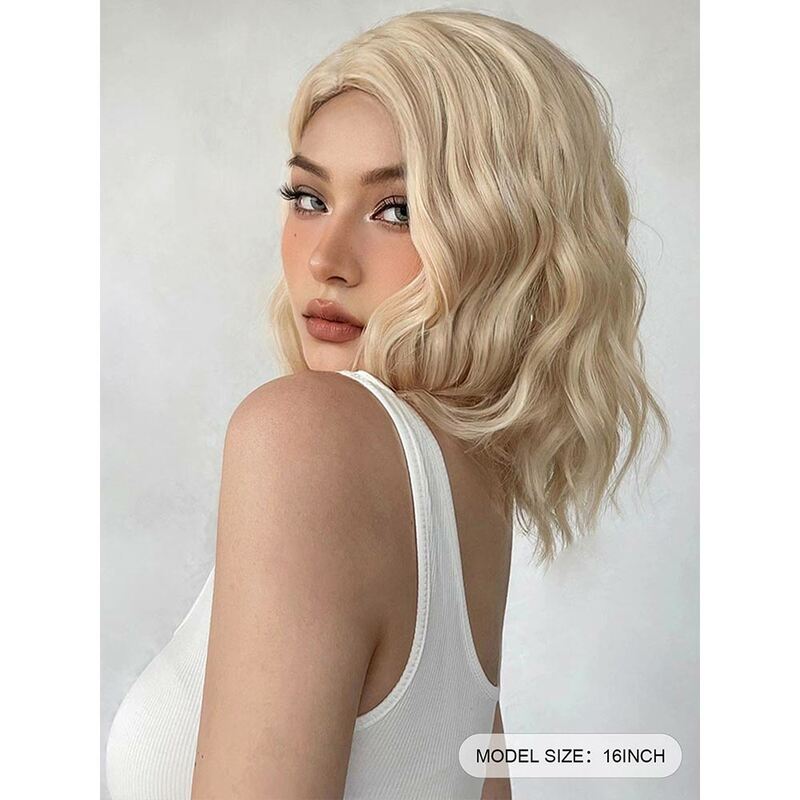 Perruque blonde blanche pour femme, couverture de cheveux, européenne et américaine, raie moyenne, cheveux courts bouclés, haute température, fibre chimique, ultraviolet, nouveau