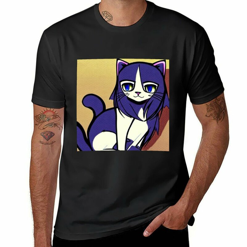 T-shirt z uroczym kotkiem inspirowany anime, szybkoschnąca grafika, gładkie białe koszulki męskie