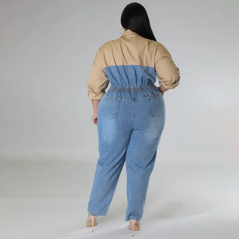 Plus rozmiar eleganckie kombinezon na przyjęcie dla kobiet Patchwork jednoczęściowy strój 2023 wiosna kobiet Jean kombinezon Lady projektant spodnie dżinsowe