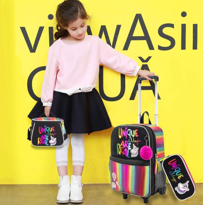 子供のための学校の輪のバックパック、ホイール付きのローリングバッグ、女の子のためのトロリーサッチェル