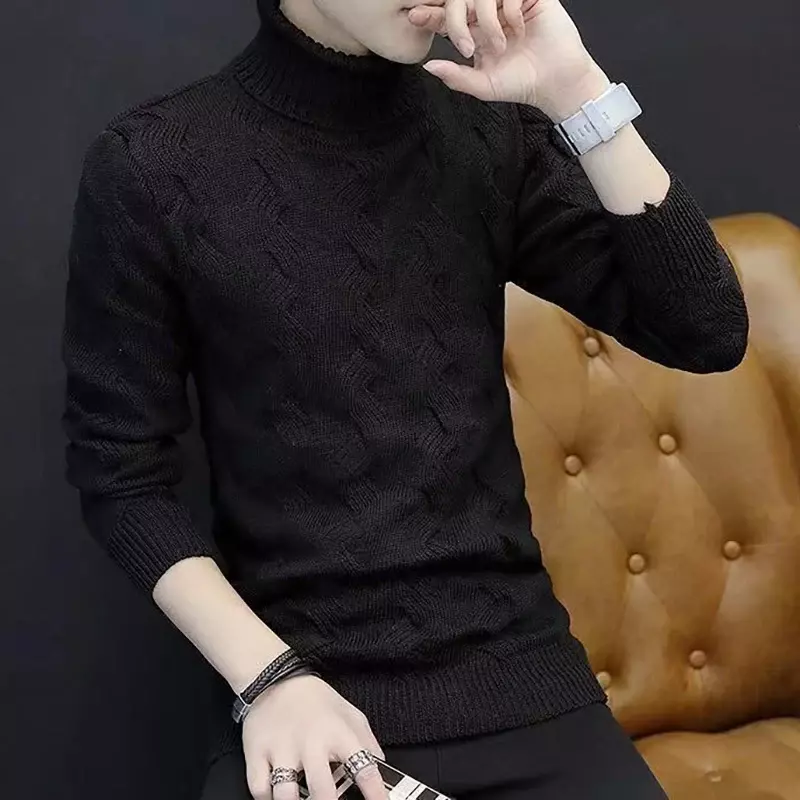 Suéteres de gola alta masculina, roupa coreana, tops quentes com tudo a combinar, suéteres casuais dobrados, roupa solta, monocromática, moda inverno, 2021