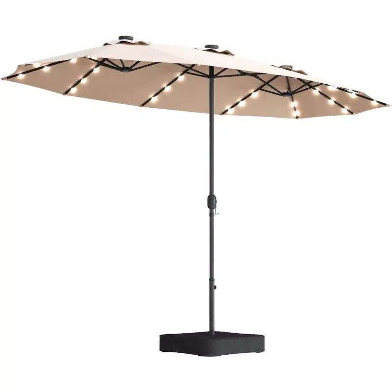 Parapluie double face solaire LED avec base, parapluie jumeau extérieur, extra large, 36 lumières solaires 62LED, 5 fédérations