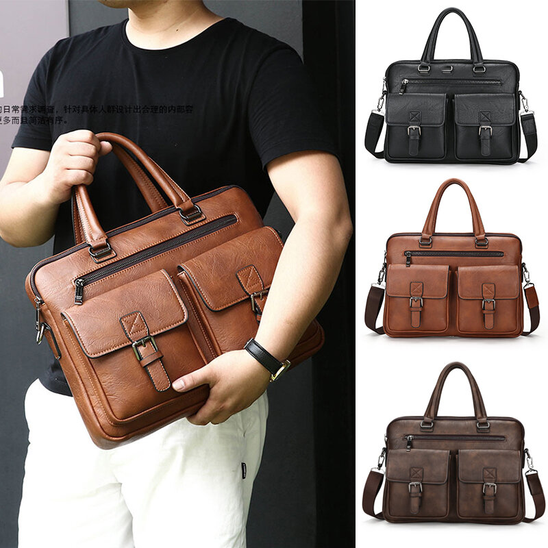 Executive Briefcase Bag for Man PU Leather Vintage Tote Male Handbags Laptop 14 Shoulder Business Messenger Crossbody Ita Bag