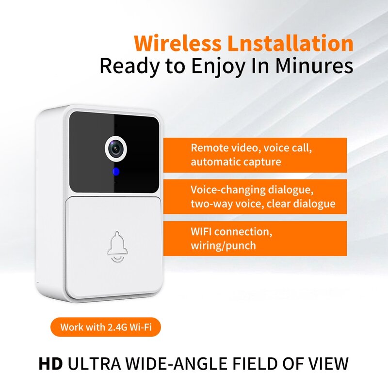 Campainha de Vídeo Sem Fio WiFi, Visão Noturna HD, Segurança Doméstica Inteligente, Tipo de Bateria USB, Alimentação AC