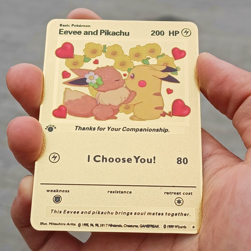 Металлическая карточка с покемоном Пикачу, железная аниме-карта для коллекции боевых действий, золотые карточки, подарок на день рождения, детские игрушки