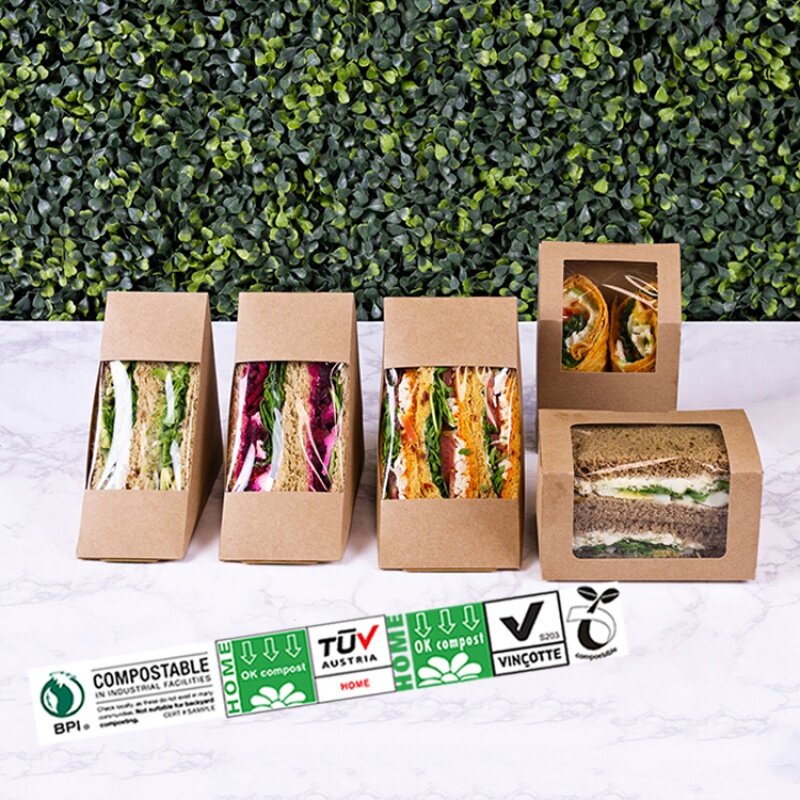 Producto personalizado impreso ecológico biodegradable marrón kraft para llevar comida para llevar, embalaje de pan de panadería, sándwich desechable