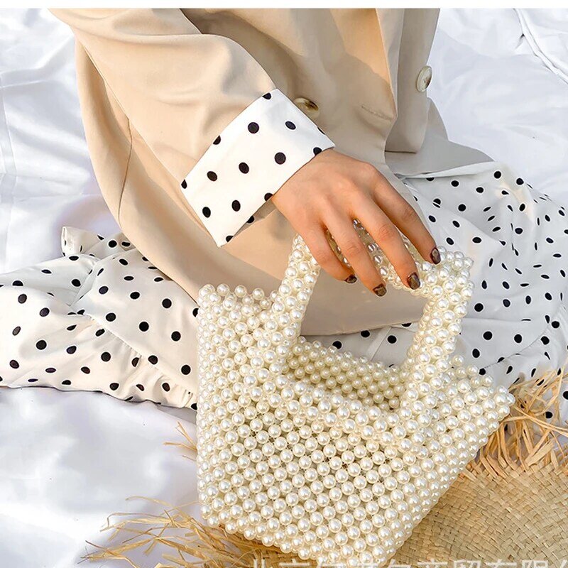 女性のための正方形の透明なハンドバッグ,パールのディテールで織られたバッグ