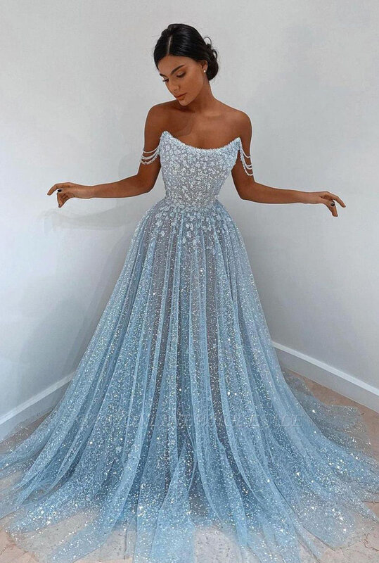 Gaun malam elegan Tulle biru untuk wanita 2024 gaun pesta pernikahan Formal A Line berpayet bertali bahu untuk wanita