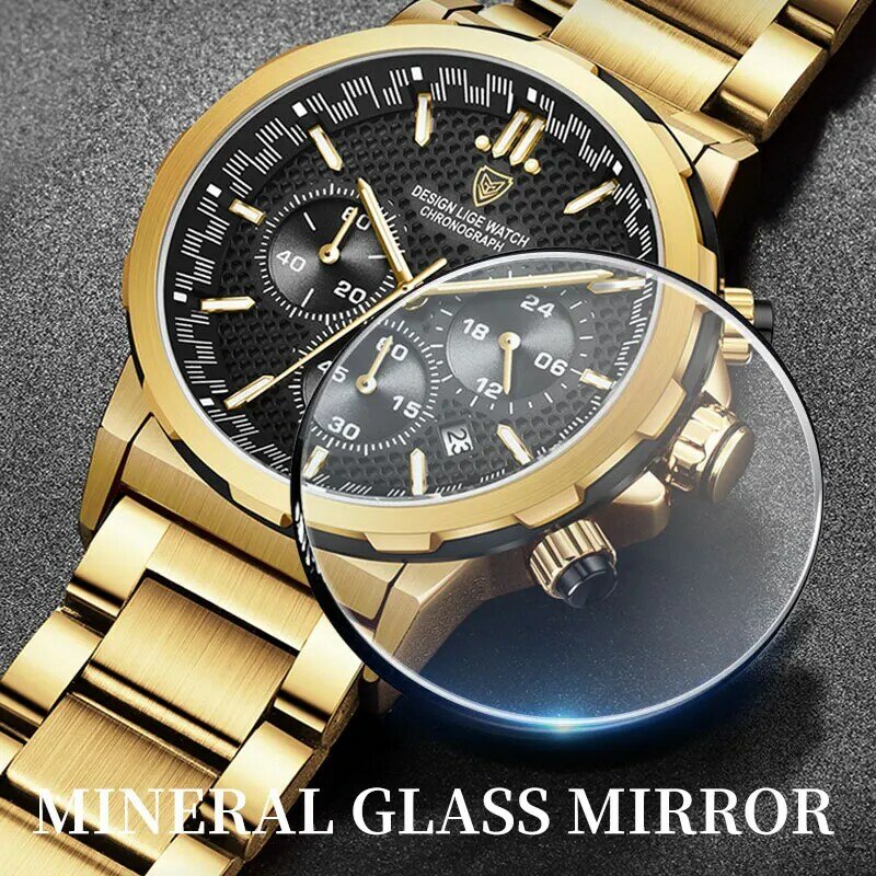 LIGE-Relógio de quartzo de luxo masculino, marca superior, inoxidável, moda empresarial, impermeável, luminoso, relógio casual, relógio de pulso