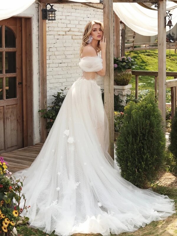 Vestido de casamento gracioso fora do ombro, Apliques florais 3D clássicos, vestido de noiva, branco a linha, longo vestido de noiva, branco