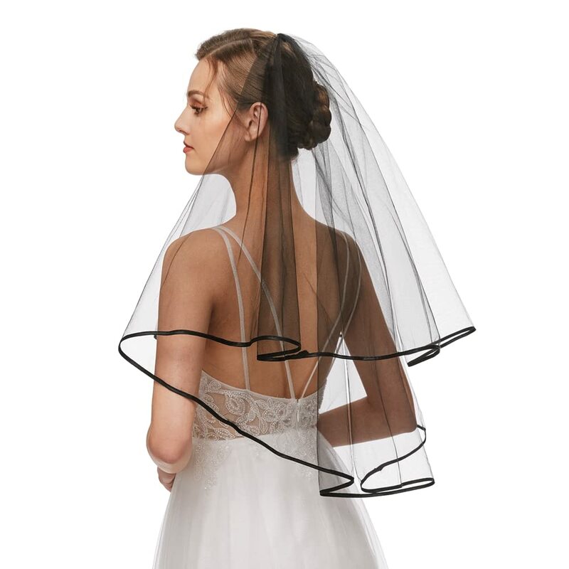 Bridal Veil Women's Simple Tulle Short Wedding Veil Ribbon Edge with Comb for Wedding Bachelorette Party