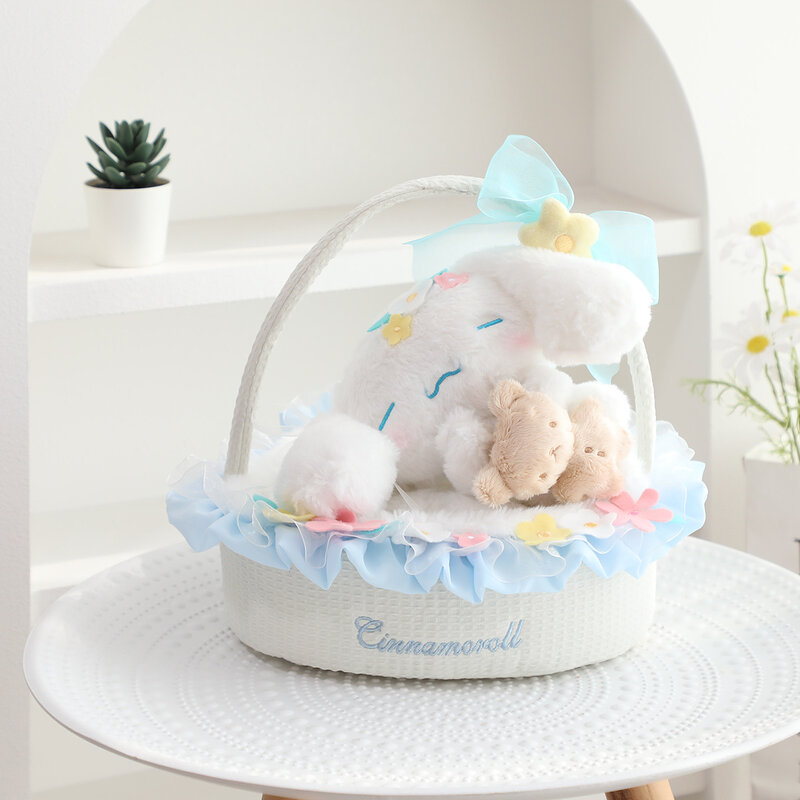 Sanrio-ramo creativo de juguetes de peluche para niñas, bonito muñeco de dibujos animados de Cinnamoroll, Hello Kitty, Pachacco, cesta de flores, regalo de cumpleaños