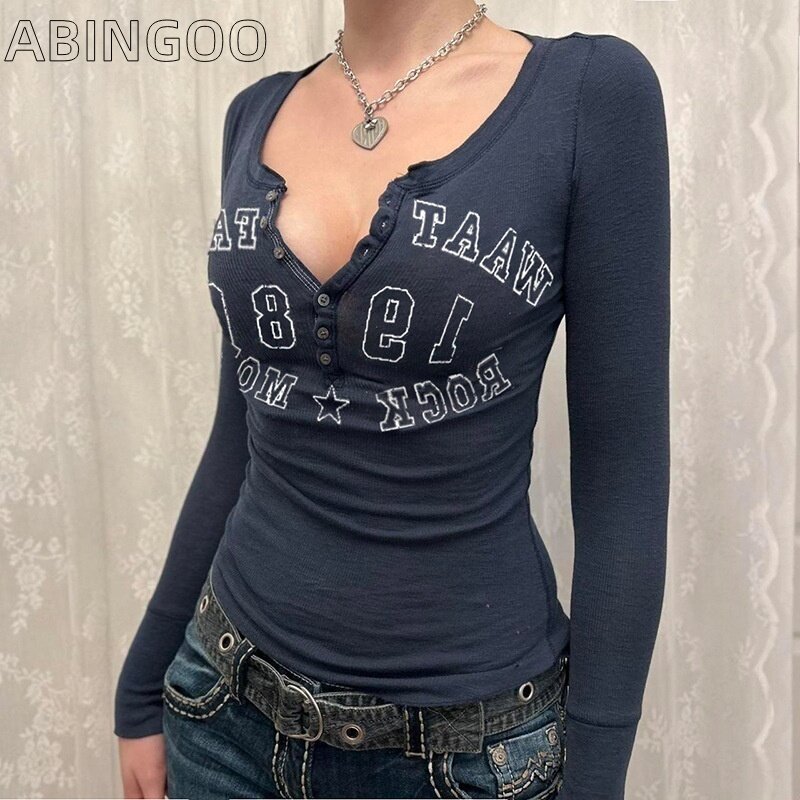 Abingoo Print T-Shirt Y 2K Lange Mouwen Slim Fit Top Voor Knoop Basis Comfortabele Casual V-Hals Pullover Met Onderkant Korte Top