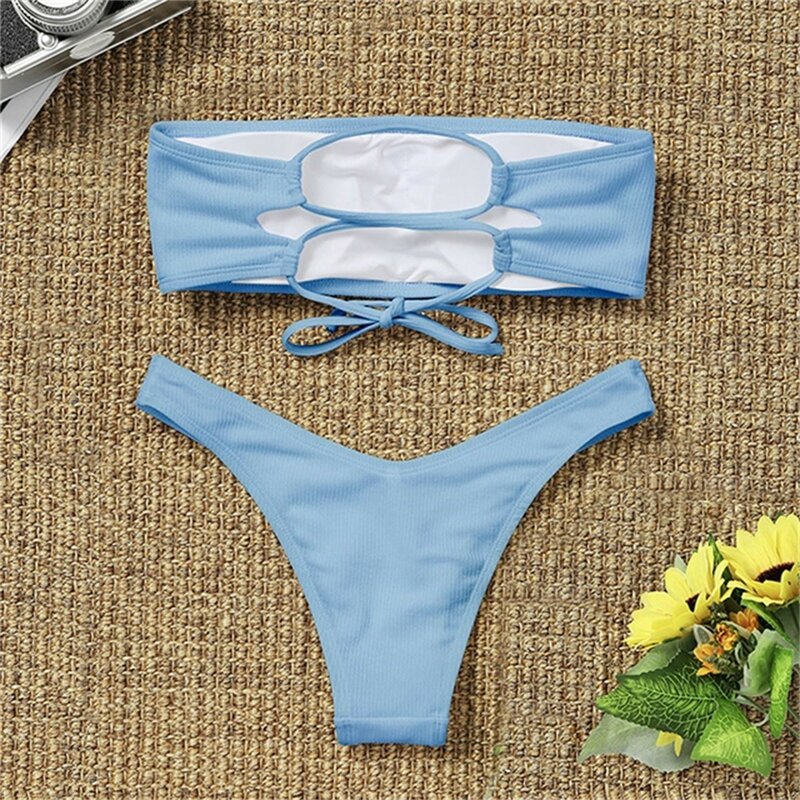 Conjunto de biquíni bandeau para mulheres, maiô monocromático com nervuras, maiô tanga de corda, praia sem alças, maiô