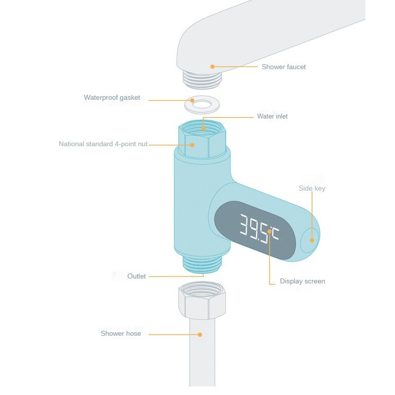 LED Display Household Water Shower Thermometer 5-85℃ Flow Self-powered Water Thermometer Monitoring Baby Care Energy Smart Meter