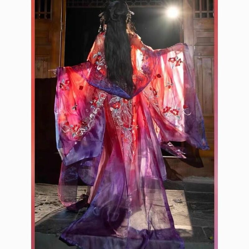 Hanfu embroidered pleated skirt Tang long gown big sleeves gradual color dyeing female summer Chinese traditional style
