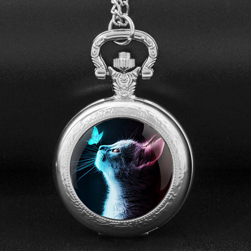 Креативные кварцевые карманные часы с изображением кошки, для женщин и мужчин, модное ожерелье со стеклянным куполом, уникальные серебряные часы с кулоном, часы, подарочные аксессуары