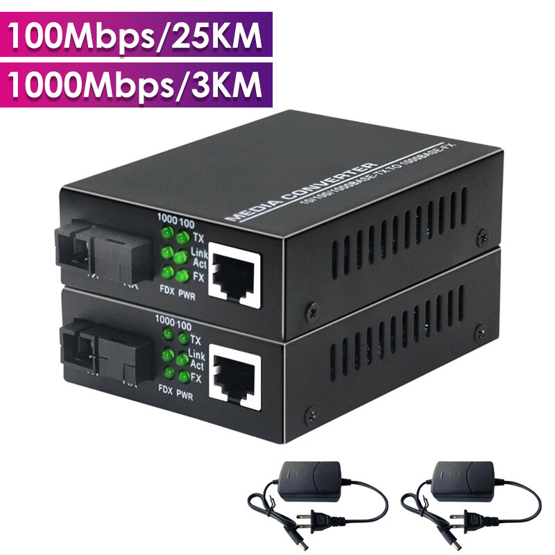 Convertidor de medios ópticos de fibra Gigabit, fuente de alimentación externa, Puerto TX RX SC, Ethernet, RJ45, modo único, 1000/100Mbps