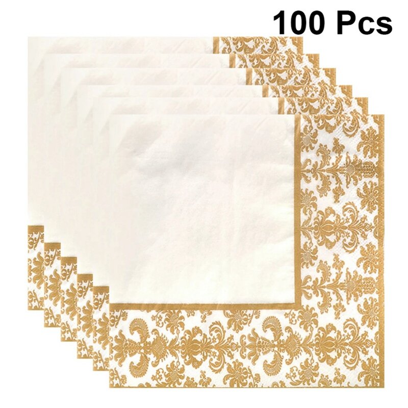 100 قطعة طباعة ذهبية المتاح مناديل تنشيف ورقية مطبوعة المناديل لمطعم وفندق (ذهبي + أبيض)