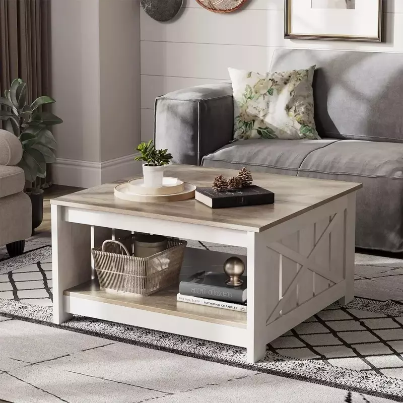 Coffee table with lockers, square wooden modern rustic, farmhouse grey wash coffee table with semi-open storage bins