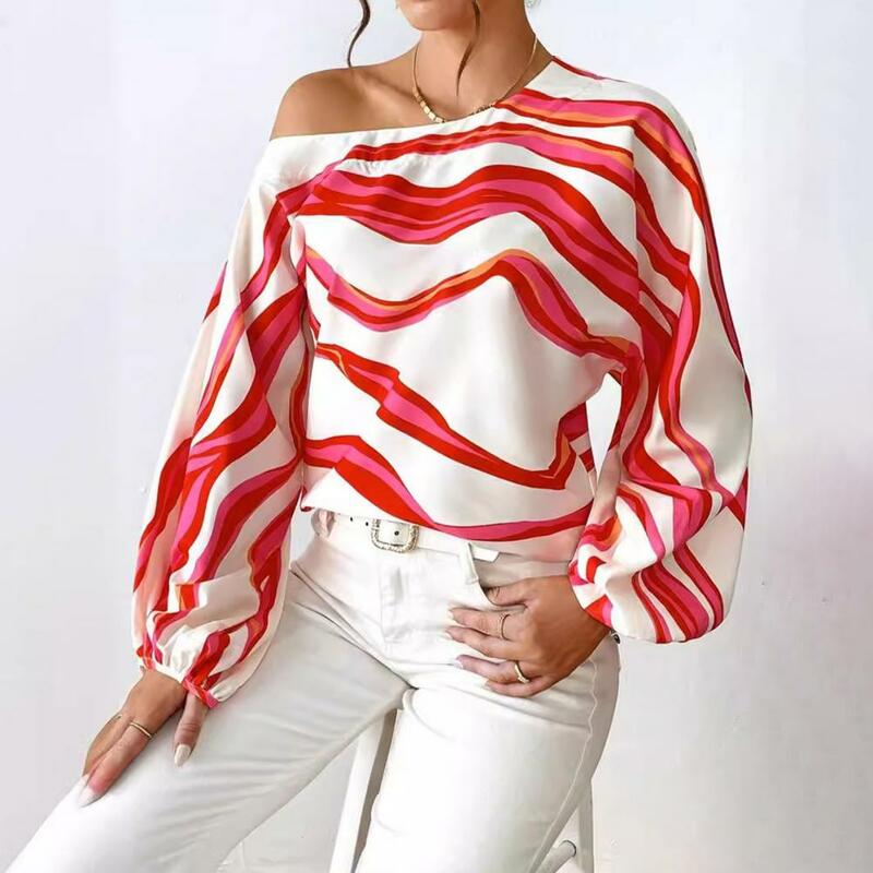 Wiosenna letnia damska bluzka głęboki dekolt latarnia z długim rękawem pulowerowe topy geometryczne paski nadruk luźna koszula odzieży damskiej