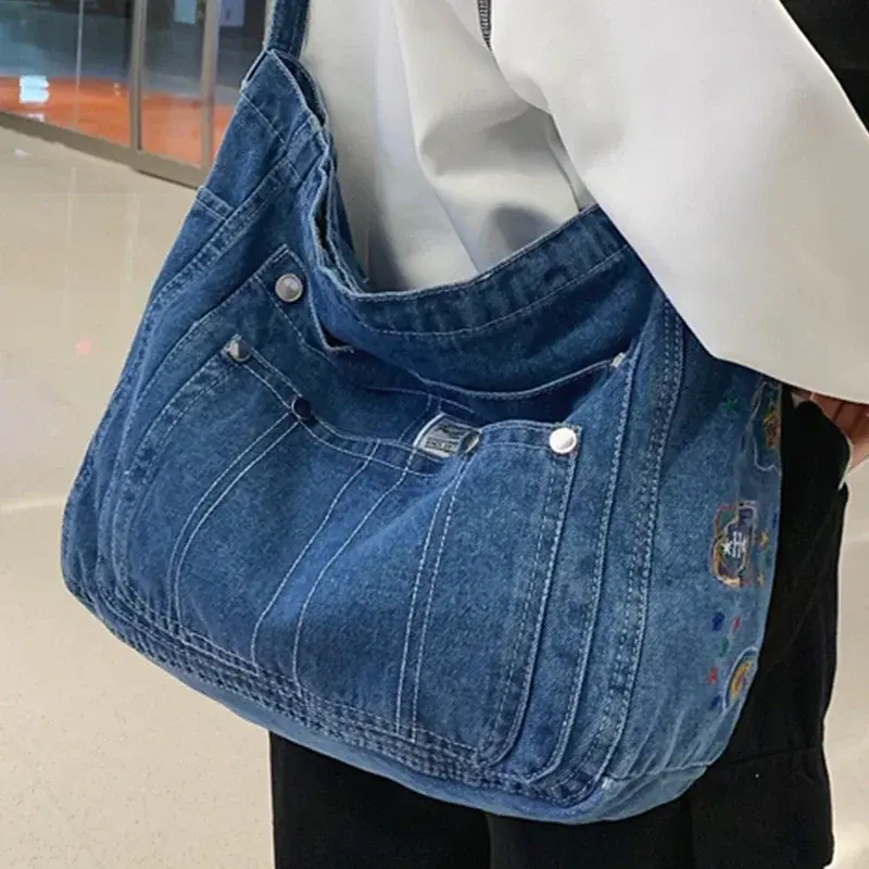 Tas bahu wanita Multi saku tas Tote wanita Chic portabel lembut Jeans kualitas tinggi tas selempang wanita kasual Denim dicuci