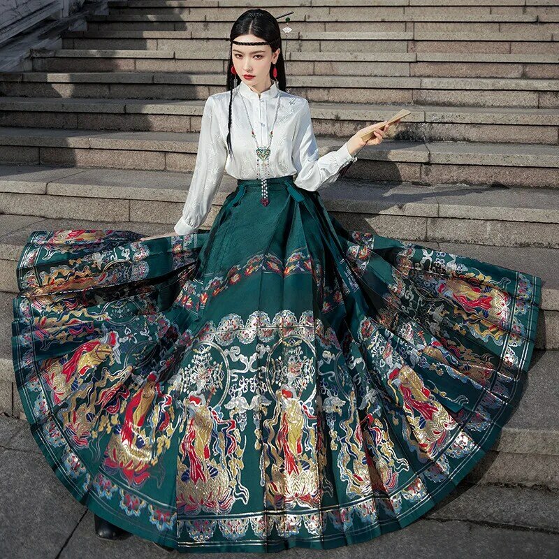 Falda plisada con cara de caballo para mujer, vestido tradicional chino, Falda bordada, elegante, diario
