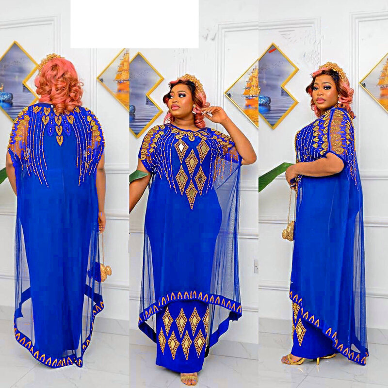 Fake Two-Piece African Dresses for Women 2023 Traditional Nigeria Mesh Hot Drill Caftan Dress Abaya Musulman Robe Femme Clothes