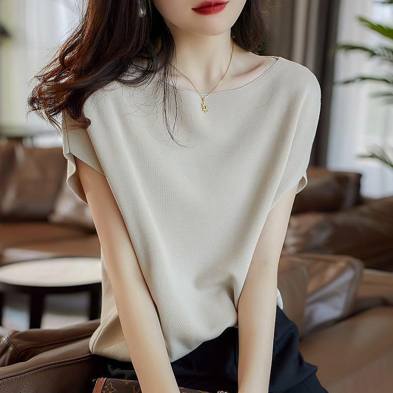 Ice Silk Short Sleeve T-shirt for Female New Summer Solid Loose Elegant Knitting Shirts Temperament Fashion Women Clothing