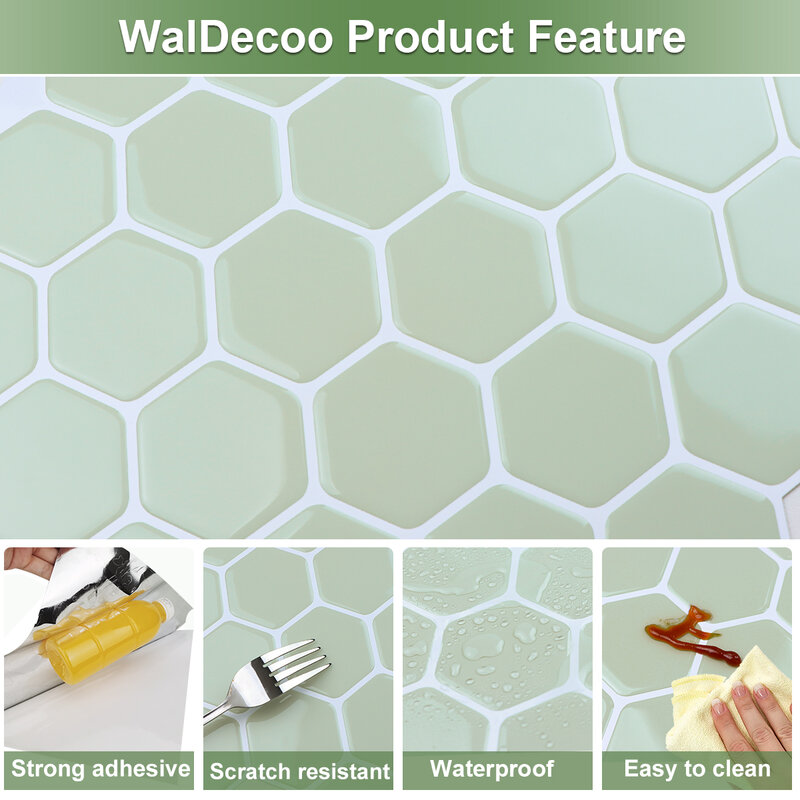 Vividtiles Light Green Hexogon 3d Wall Tile Stickers Strong Adhesive Vinyl Wallpaper for Indoor Wall Backsplash
