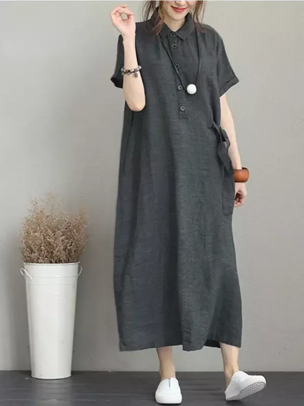 Vestido de verano de lino y algodón para mujer, prenda Vintage, informal, holgada, de manga corta, con solapa, largo de longitud media