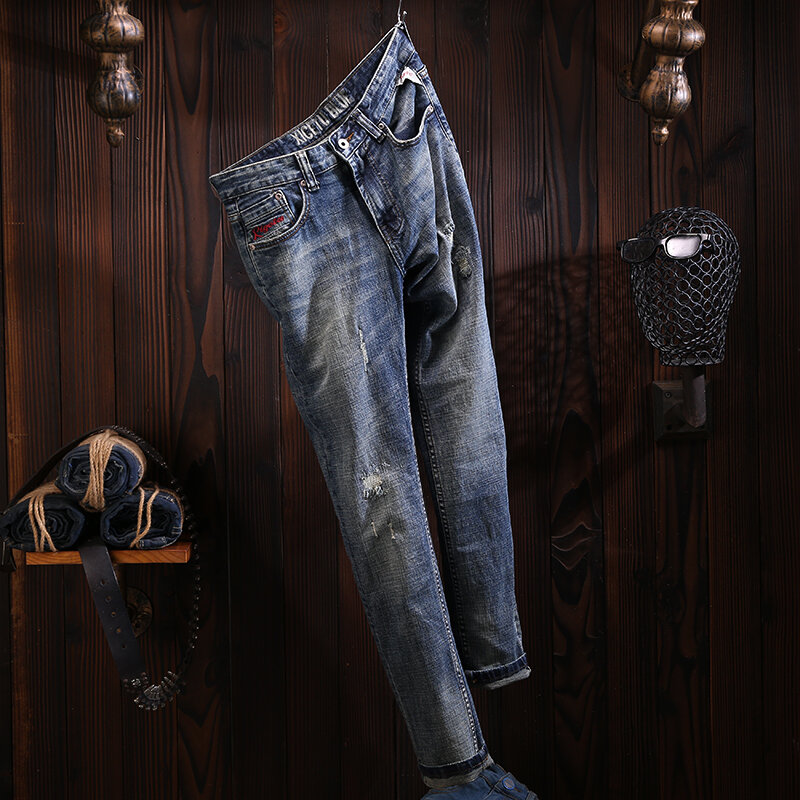 Jeans Pria Desainer Fashion Celana Panjang Pria Jeans Sobek Tambalan Lubang Pas Badan Biru Retro Celana Denim Antik Gaya Italia Hombre