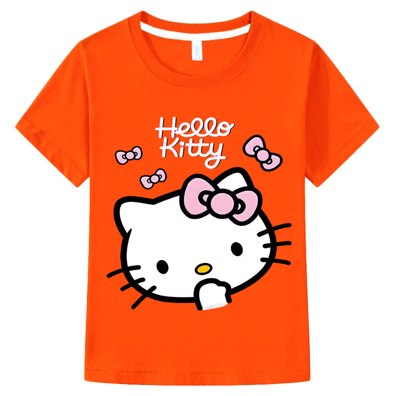 Ropa de Hello Kitty para niños, Camiseta 100% de algodón con estampado de dibujos animados, Tops bonitos de verano, camisetas de Anime Y2k de una pieza de manga corta