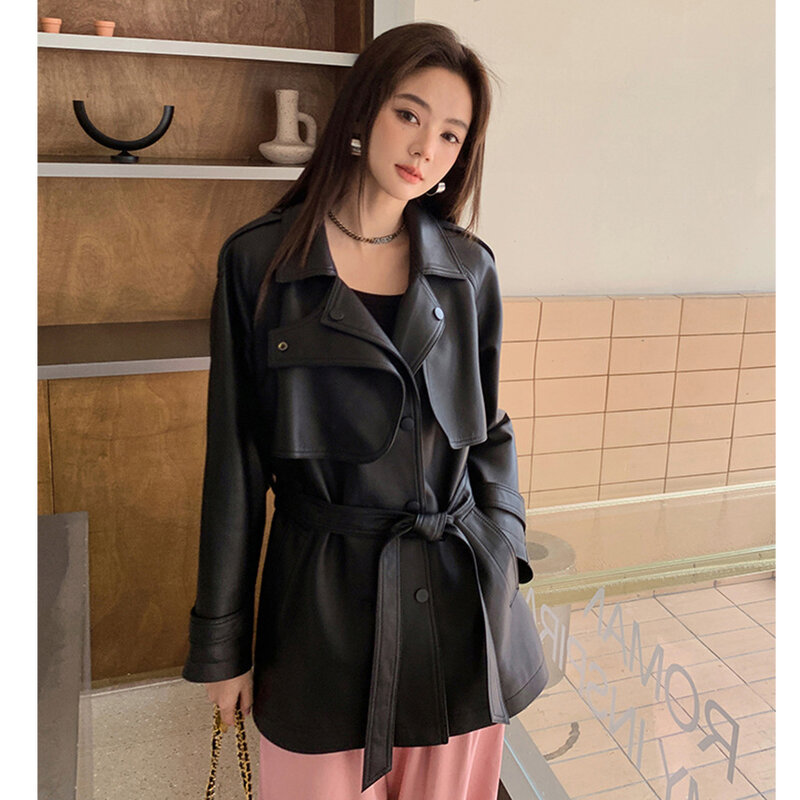 2023 New Women Gennuine Sheepskin Leather Windbreaker Mid-length Real Leather Coat W31