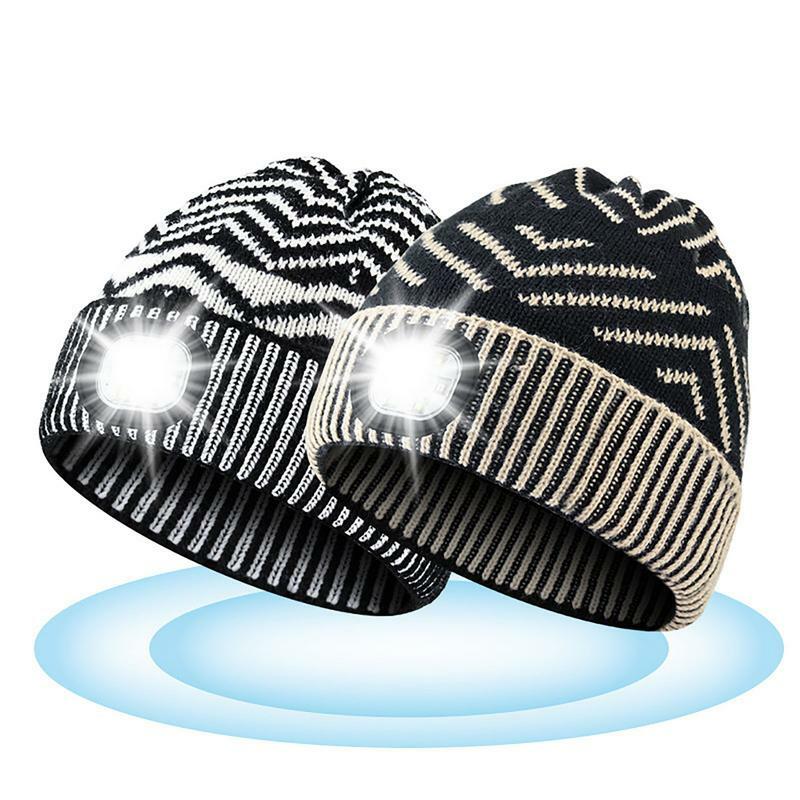 LED Knitted Beanie Hat Knitting LED Hat Rechargeable Night Light 3 Mode Bright Lighted Beanie Flashlight Stocking Stuffers For