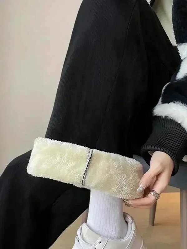 Celana kaki lebar bulu domba tebal hangat untuk musim dingin celana panjang kaki lebar Mode Korea wanita pakaian salju kasual Pantalone longgar bulu domba mewah Spodnie baru