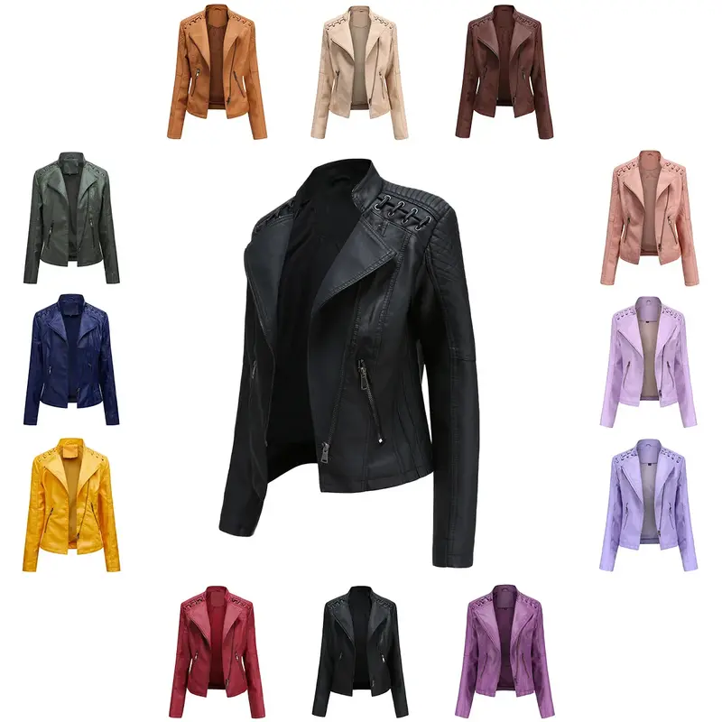 2024 Ladies New Autumn PU Leather Short Slim Thin Motorcycle Leather Coat