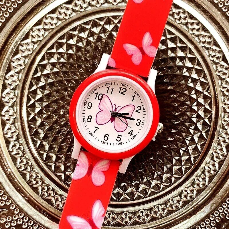 Jam tangan perempuan cantik jam tangan kuarsa jeli permen silikon cetak kupu-kupu untuk anak perempuan siswa pesta hadiah jam